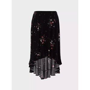 Torrid Black Floral Hi-Lo Challis Skirt Elastic Waist Ruffle Size 00 / 10 / M/L